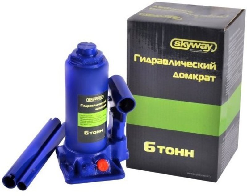 Домкрат гидравлический бутылочный 6т h 195-380мм SKYWAY с клапаном в кейсе (S01804016) 
